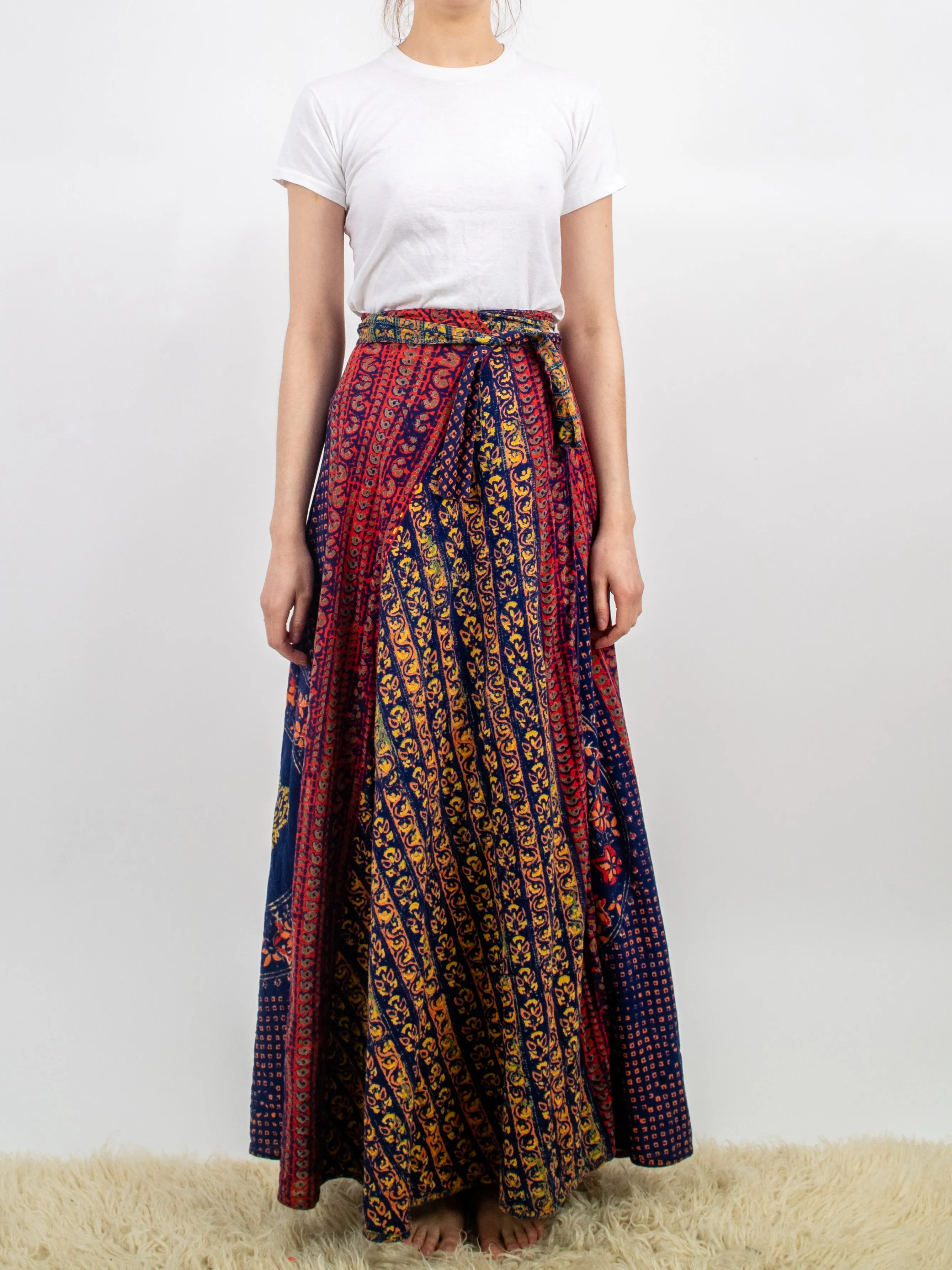 1970s Indian Cotton Blue and Red Abstract Wrap Skirt