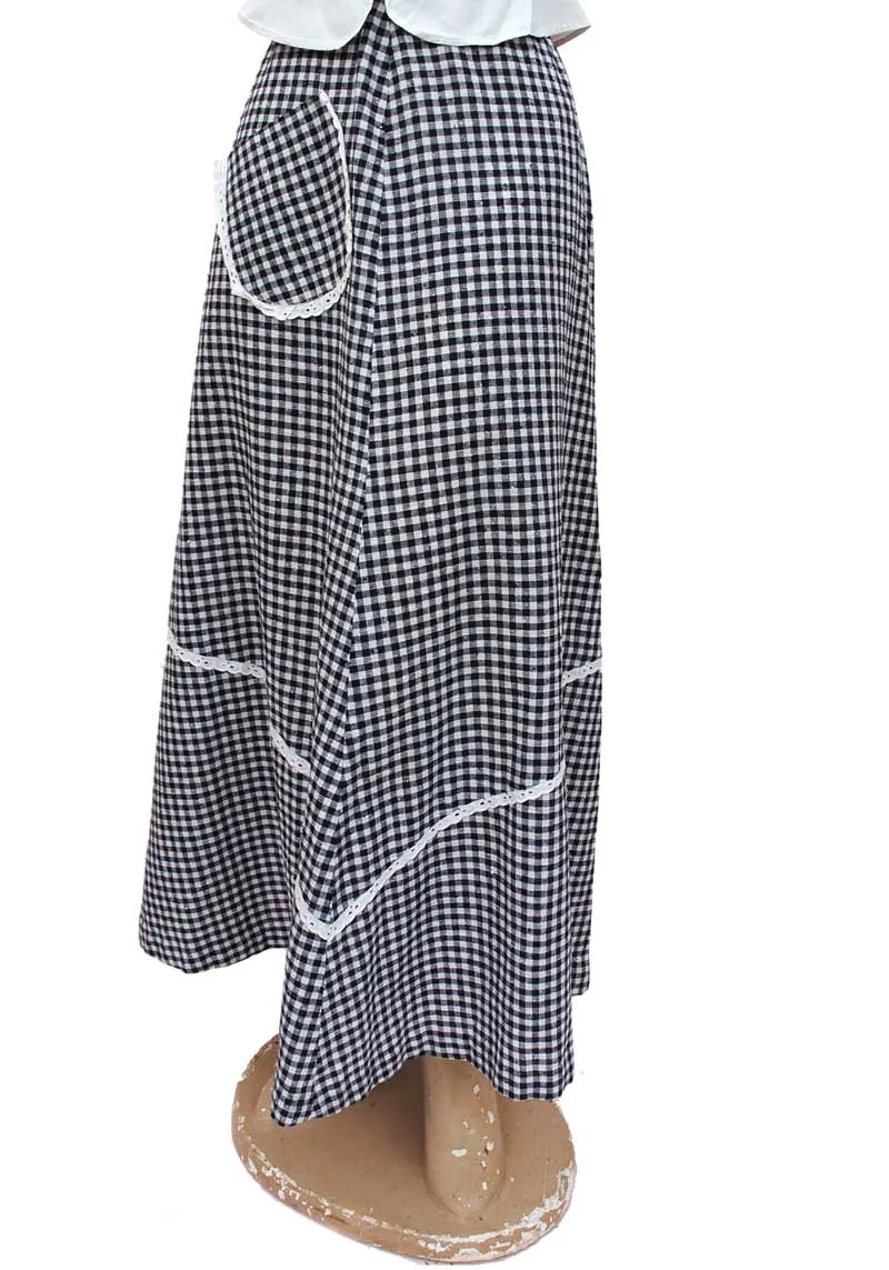 1970s Vintage Blue Gingham Maxi Skirt with Pocket and Lace Trim
