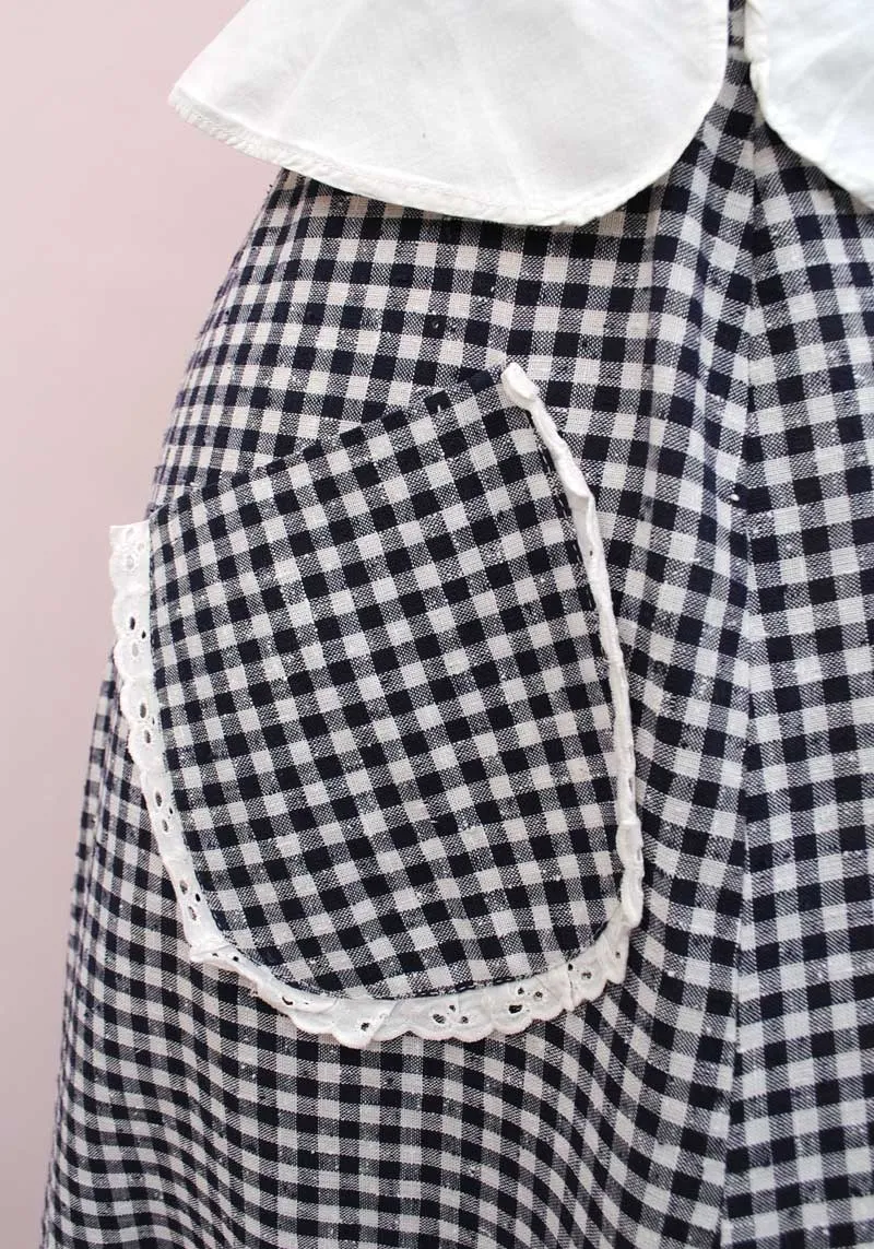 1970s Vintage Blue Gingham Maxi Skirt with Pocket and Lace Trim