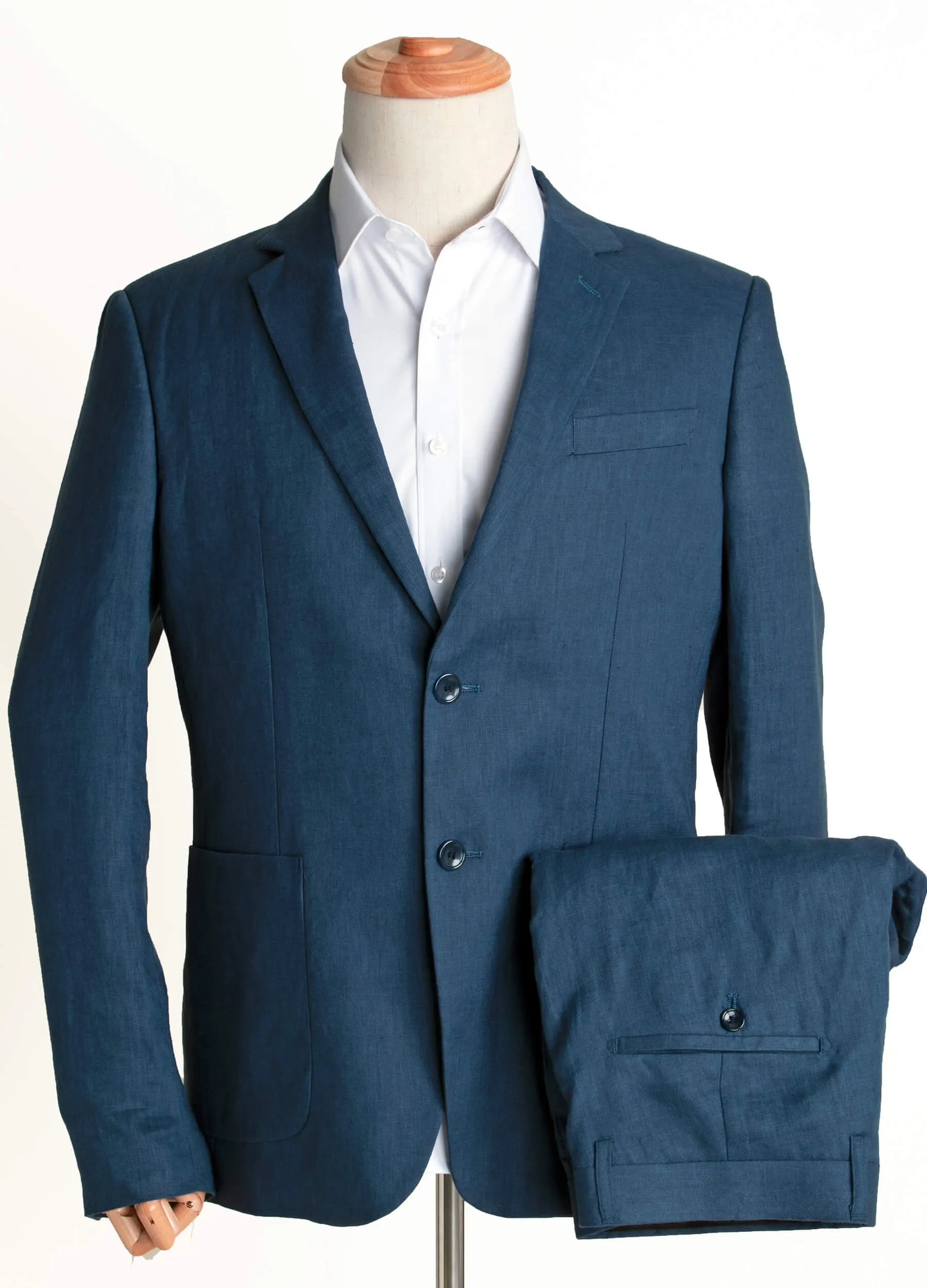 1PA1 Men's 100% Linen Dark Blue Jacket Trousers 2-Pieces Suit Set