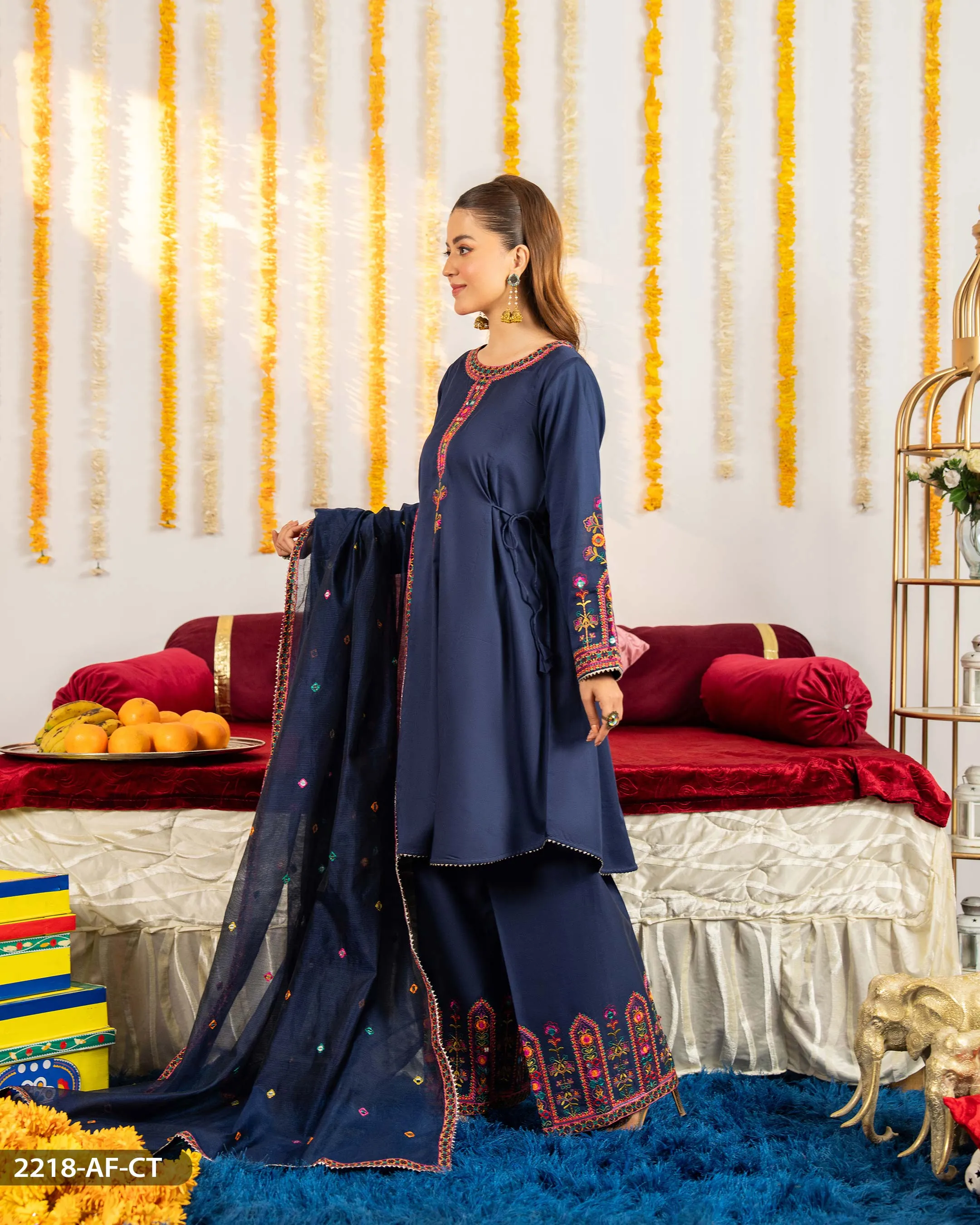 3 Piece Cotton Satin Embroidered Suit | 2218-AF-CT.ST
