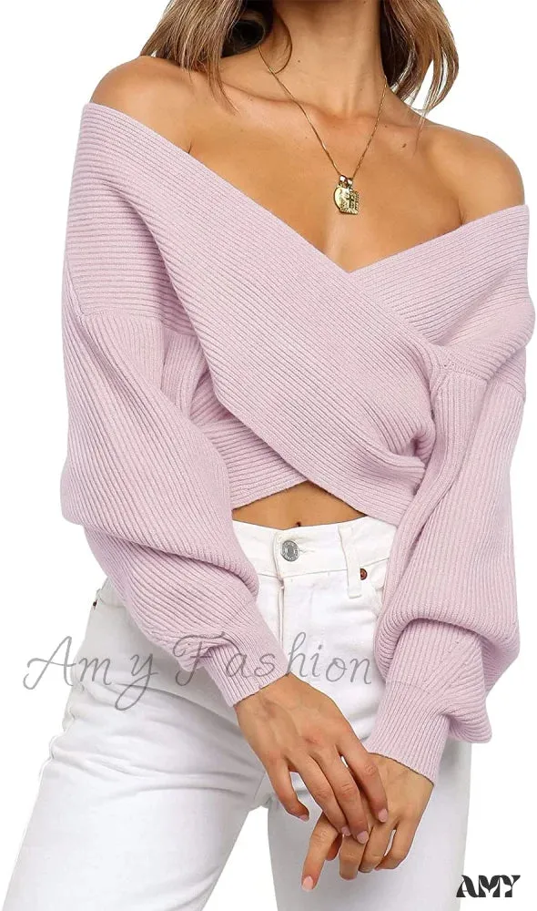Amy Fashion - Women's Long Sleeve Wrap Casual Off Shoulder Crop Knitted Pullover Sweater