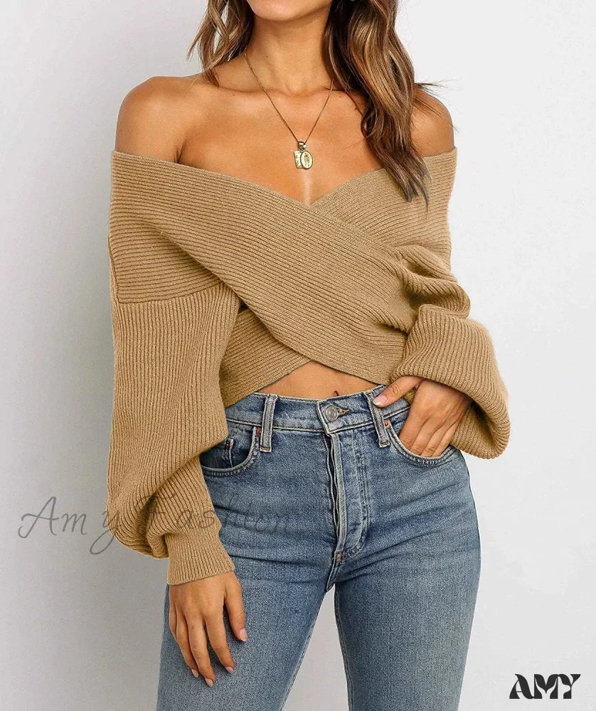 Amy Fashion - Women's Long Sleeve Wrap Casual Off Shoulder Crop Knitted Pullover Sweater