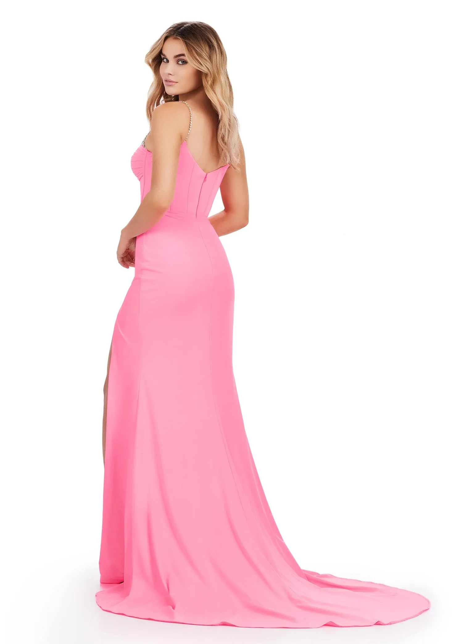 Ashley Lauren 11538 Long Jersey Maxi Slit Corset Prom Dress Crystal Strap Pageant Gown
