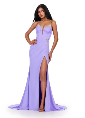 Ashley Lauren 11538 Long Jersey Maxi Slit Corset Prom Dress Crystal Strap Pageant Gown