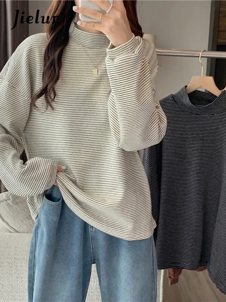 Autumn Classic Spell Color Black White Striped Women T-Shirts Long Sleeve Turtleneck Top Casual T shirt Female Pullovers