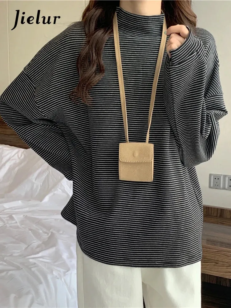 Autumn Classic Spell Color Black White Striped Women T-Shirts Long Sleeve Turtleneck Top Casual T shirt Female Pullovers