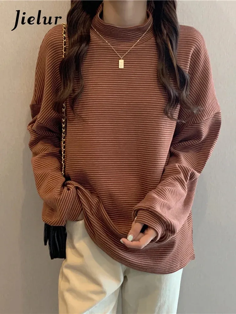 Autumn Classic Spell Color Black White Striped Women T-Shirts Long Sleeve Turtleneck Top Casual T shirt Female Pullovers