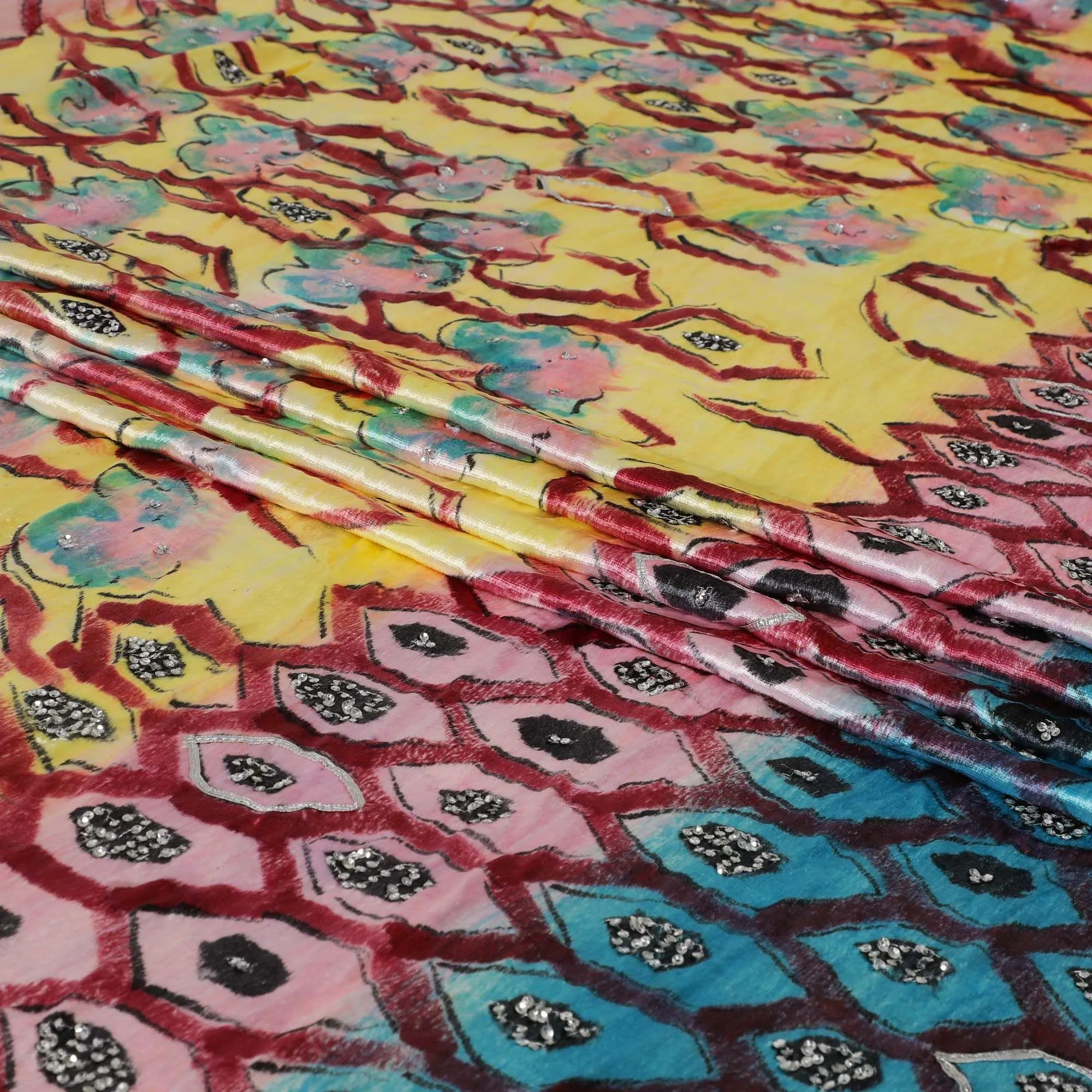 Baby pink to light laguna yellow Rayon velvet fabric with metallic silver Appliques and sequins in Abstract design
