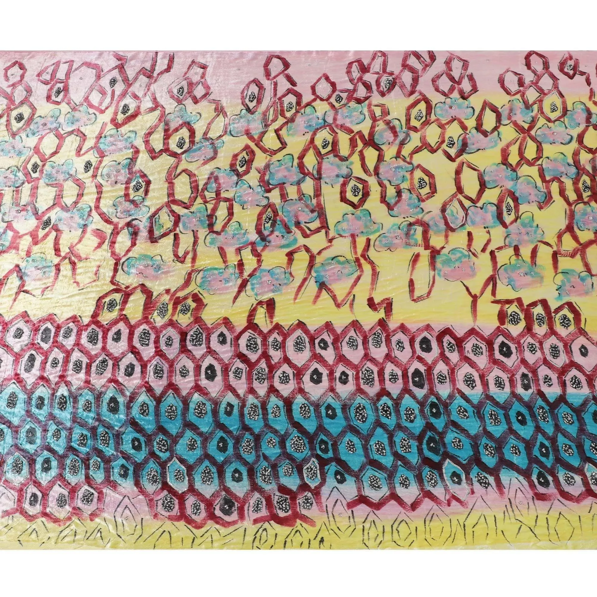 Baby pink to light laguna yellow Rayon velvet fabric with metallic silver Appliques and sequins in Abstract design