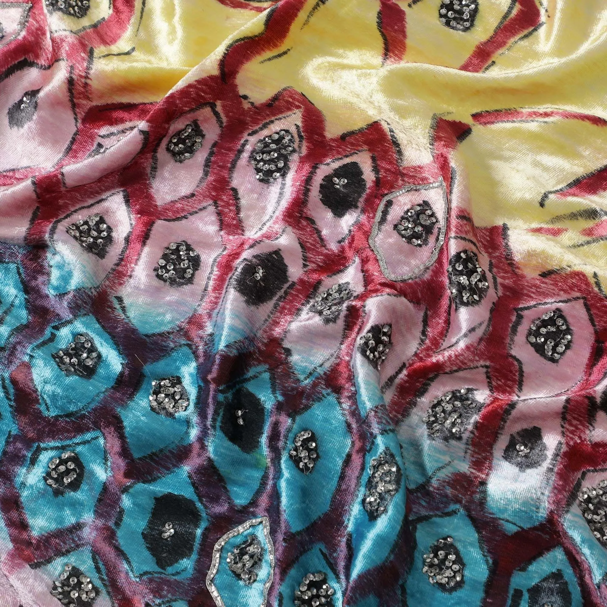 Baby pink to light laguna yellow Rayon velvet fabric with metallic silver Appliques and sequins in Abstract design