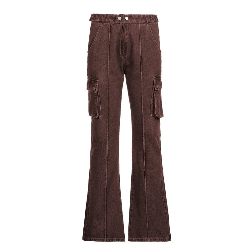Back to school outfit Sonicelife  Street Style Baggy Flared Denim Pants Women Fashion Vintage Pocket Patchwork Cargo Jeans High Waist Fairy Grunge Pants