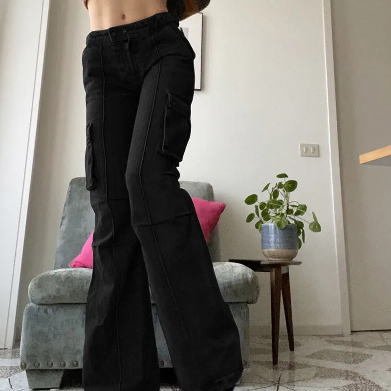 Back to school outfit Sonicelife  Street Style Baggy Flared Denim Pants Women Fashion Vintage Pocket Patchwork Cargo Jeans High Waist Fairy Grunge Pants