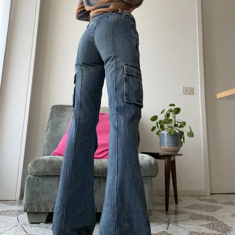 Back to school outfit Sonicelife  Street Style Baggy Flared Denim Pants Women Fashion Vintage Pocket Patchwork Cargo Jeans High Waist Fairy Grunge Pants
