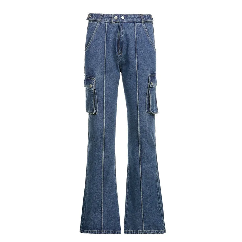 Back to school outfit Sonicelife  Street Style Baggy Flared Denim Pants Women Fashion Vintage Pocket Patchwork Cargo Jeans High Waist Fairy Grunge Pants