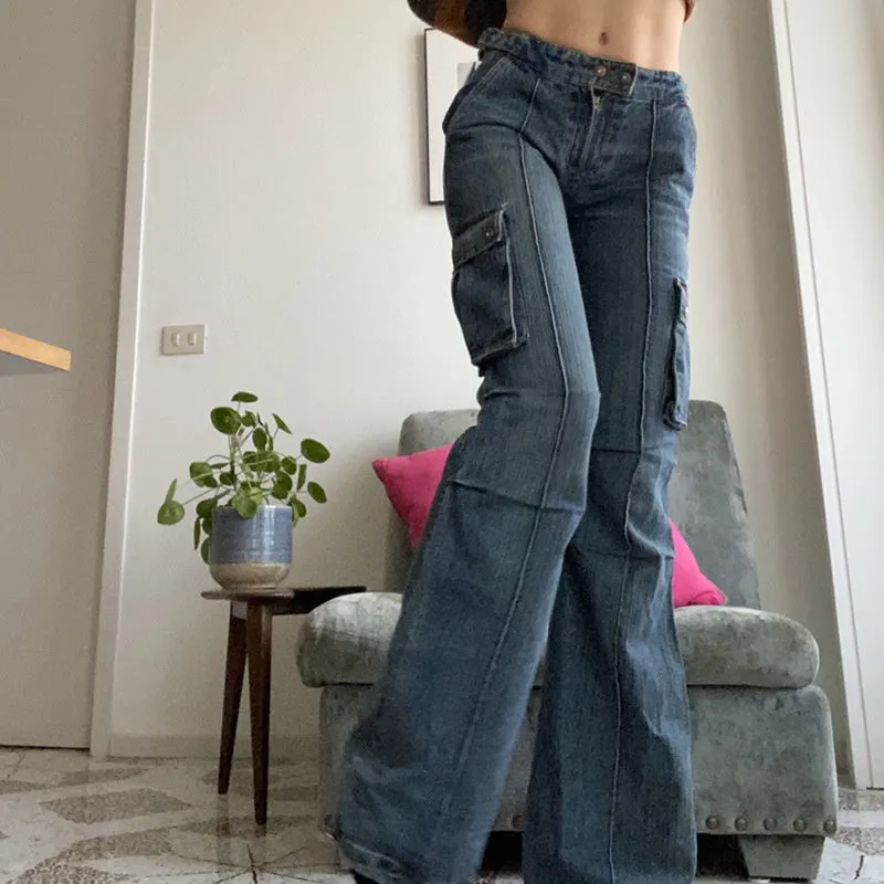 Back to school outfit Sonicelife  Street Style Baggy Flared Denim Pants Women Fashion Vintage Pocket Patchwork Cargo Jeans High Waist Fairy Grunge Pants