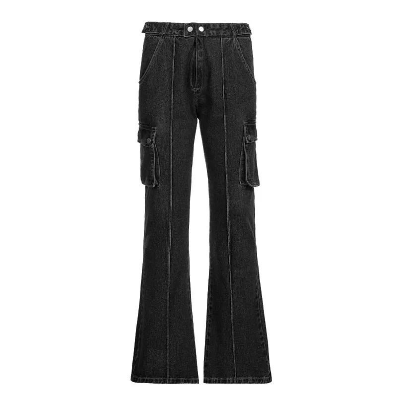 Back to school outfit Sonicelife  Street Style Baggy Flared Denim Pants Women Fashion Vintage Pocket Patchwork Cargo Jeans High Waist Fairy Grunge Pants