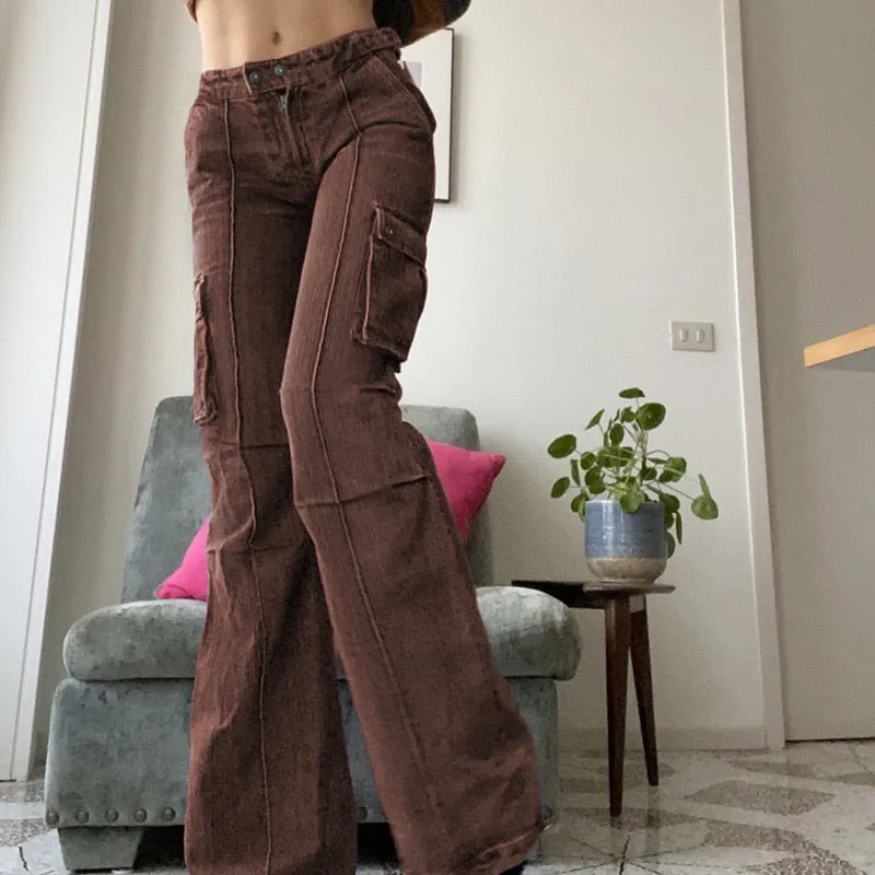 Back to school outfit Sonicelife  Street Style Baggy Flared Denim Pants Women Fashion Vintage Pocket Patchwork Cargo Jeans High Waist Fairy Grunge Pants