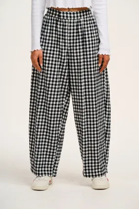 Beau - Balloon Brushed Cotton Trousers in Black & White Mono Gingham Print