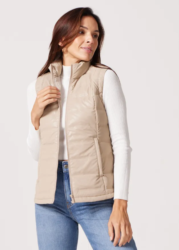 Beige Leather Look Duck Down Puffer Vest