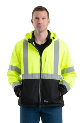 Berne Mens Hi Vis Class 3 Hooded Yellow Fleece Softshell Jacket