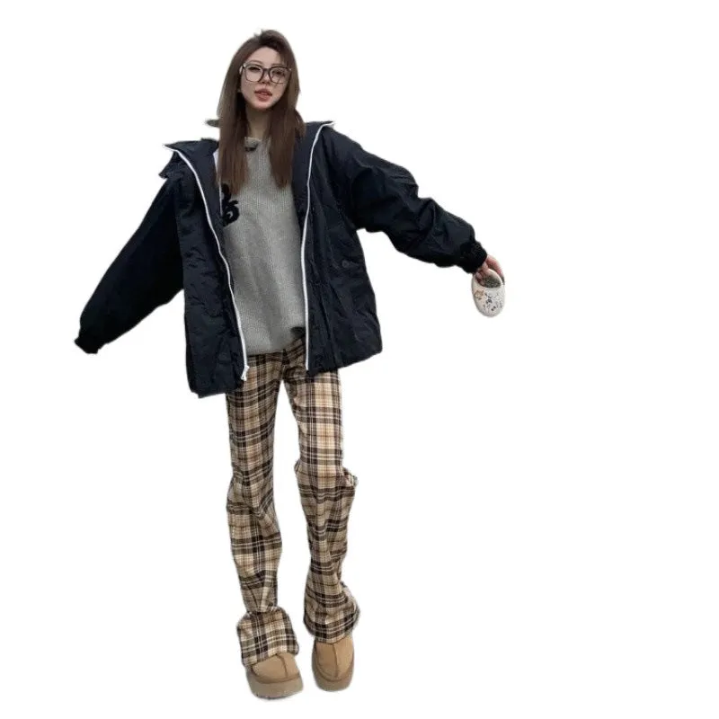 binfenxie-shop grunge outfits Niche Khaki Plaid Casual Trousers Women's Spring and Autumn American Retro High Waist Slimming Micro Flared Pants