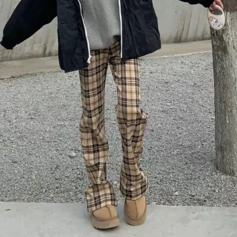 binfenxie-shop grunge outfits Niche Khaki Plaid Casual Trousers Women's Spring and Autumn American Retro High Waist Slimming Micro Flared Pants