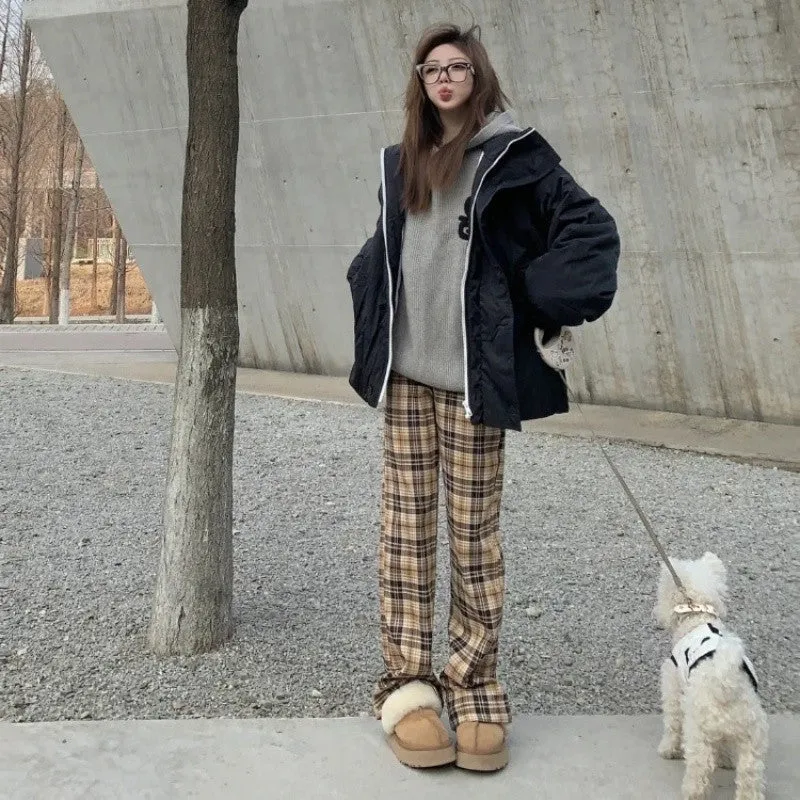 binfenxie-shop grunge outfits Niche Khaki Plaid Casual Trousers Women's Spring and Autumn American Retro High Waist Slimming Micro Flared Pants