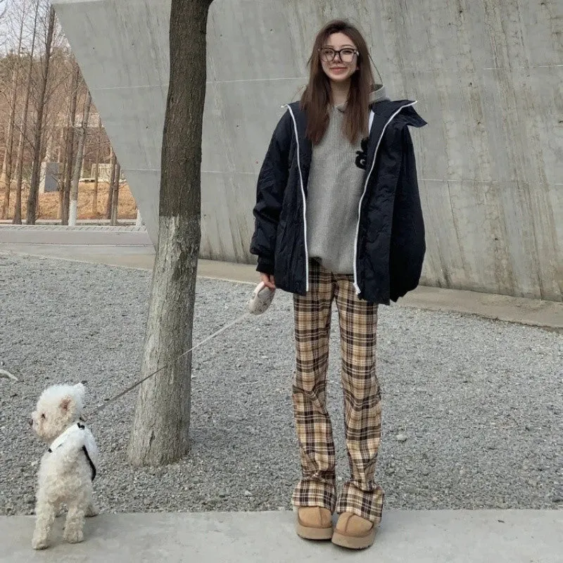 binfenxie-shop grunge outfits Niche Khaki Plaid Casual Trousers Women's Spring and Autumn American Retro High Waist Slimming Micro Flared Pants
