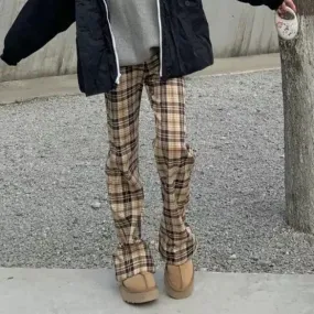 binfenxie-shop grunge outfits Niche Khaki Plaid Casual Trousers Women's Spring and Autumn American Retro High Waist Slimming Micro Flared Pants