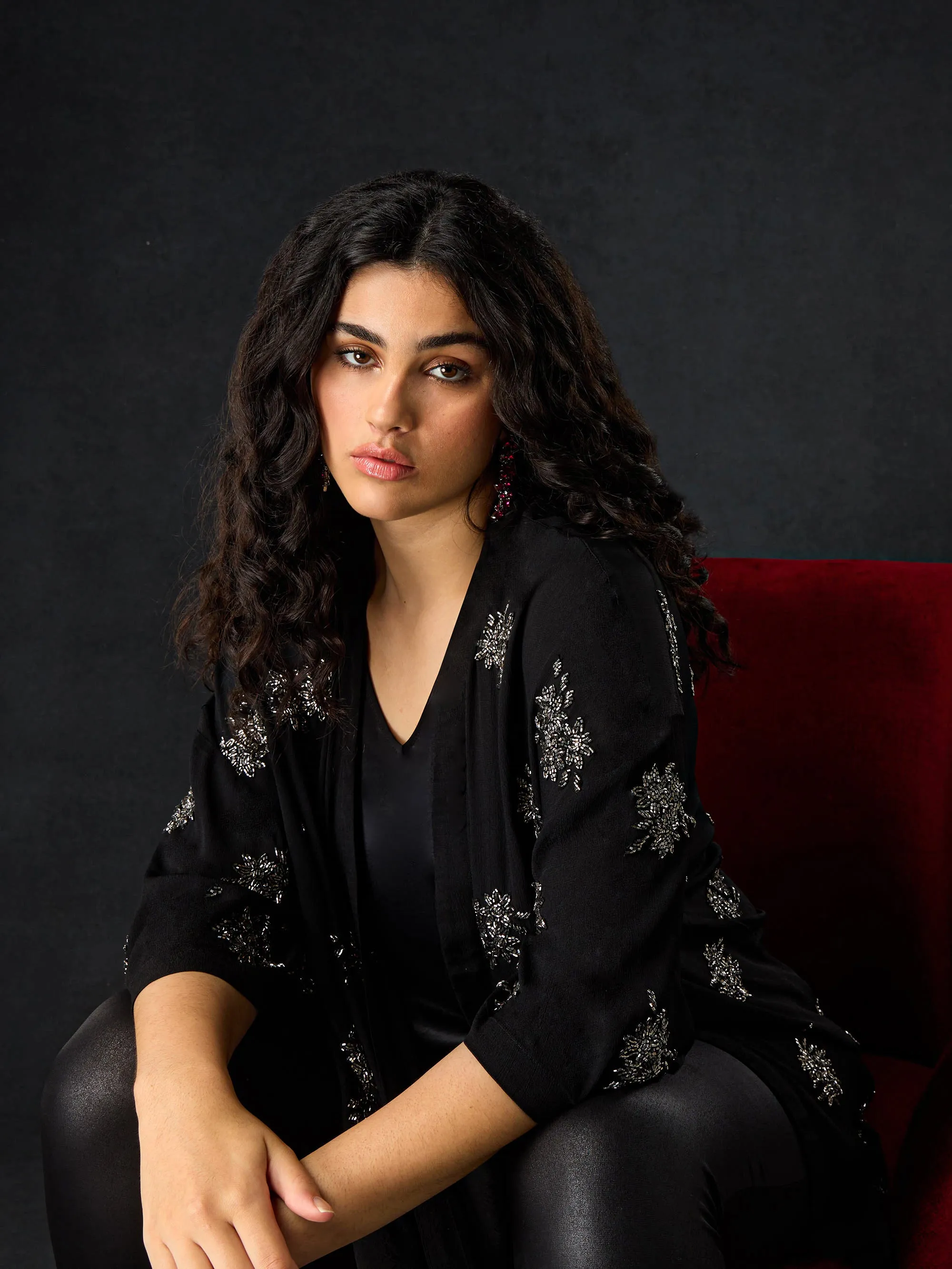 Black Embellished Beaded Edge To Edge Jacket