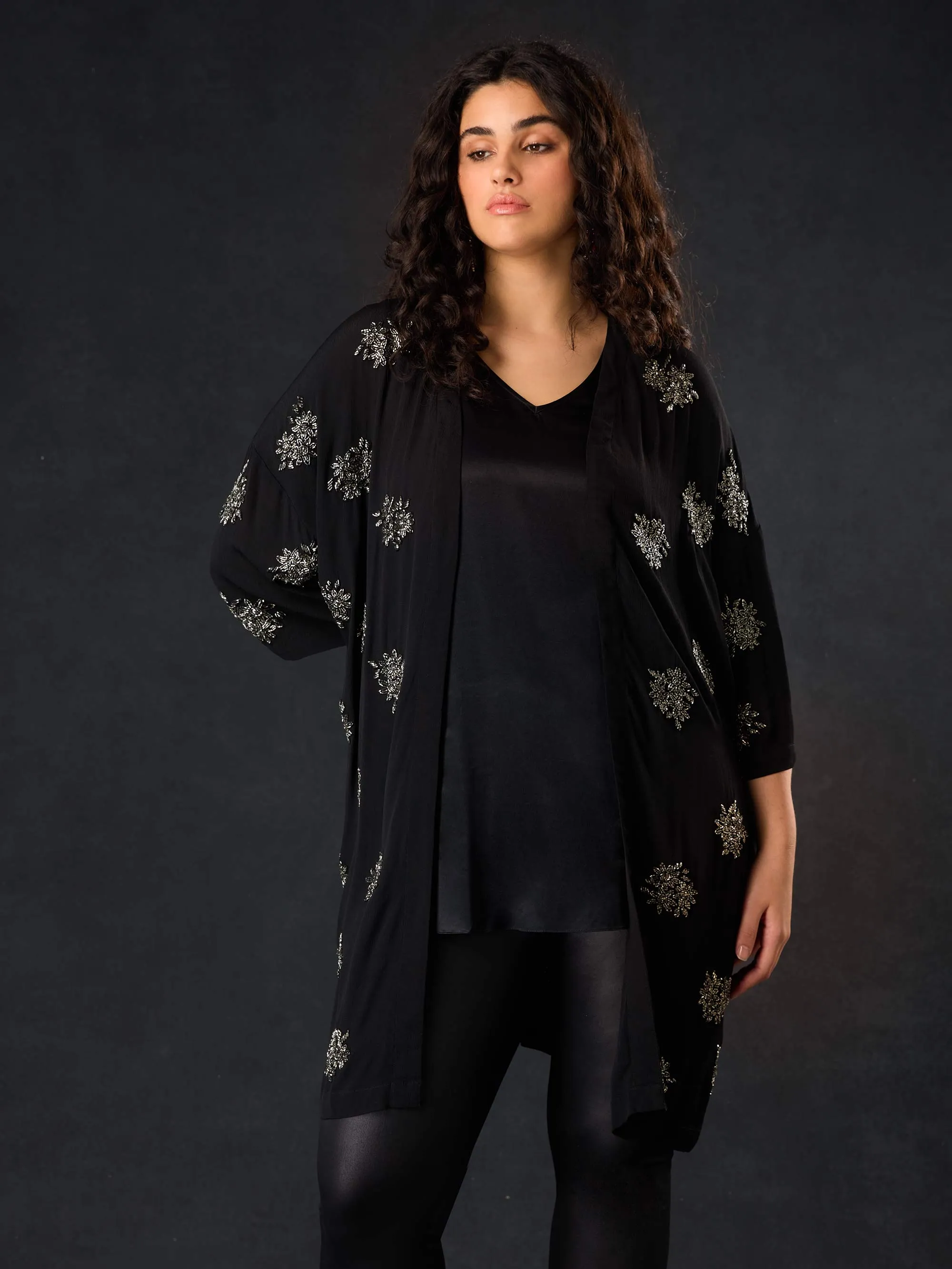 Black Embellished Beaded Edge To Edge Jacket