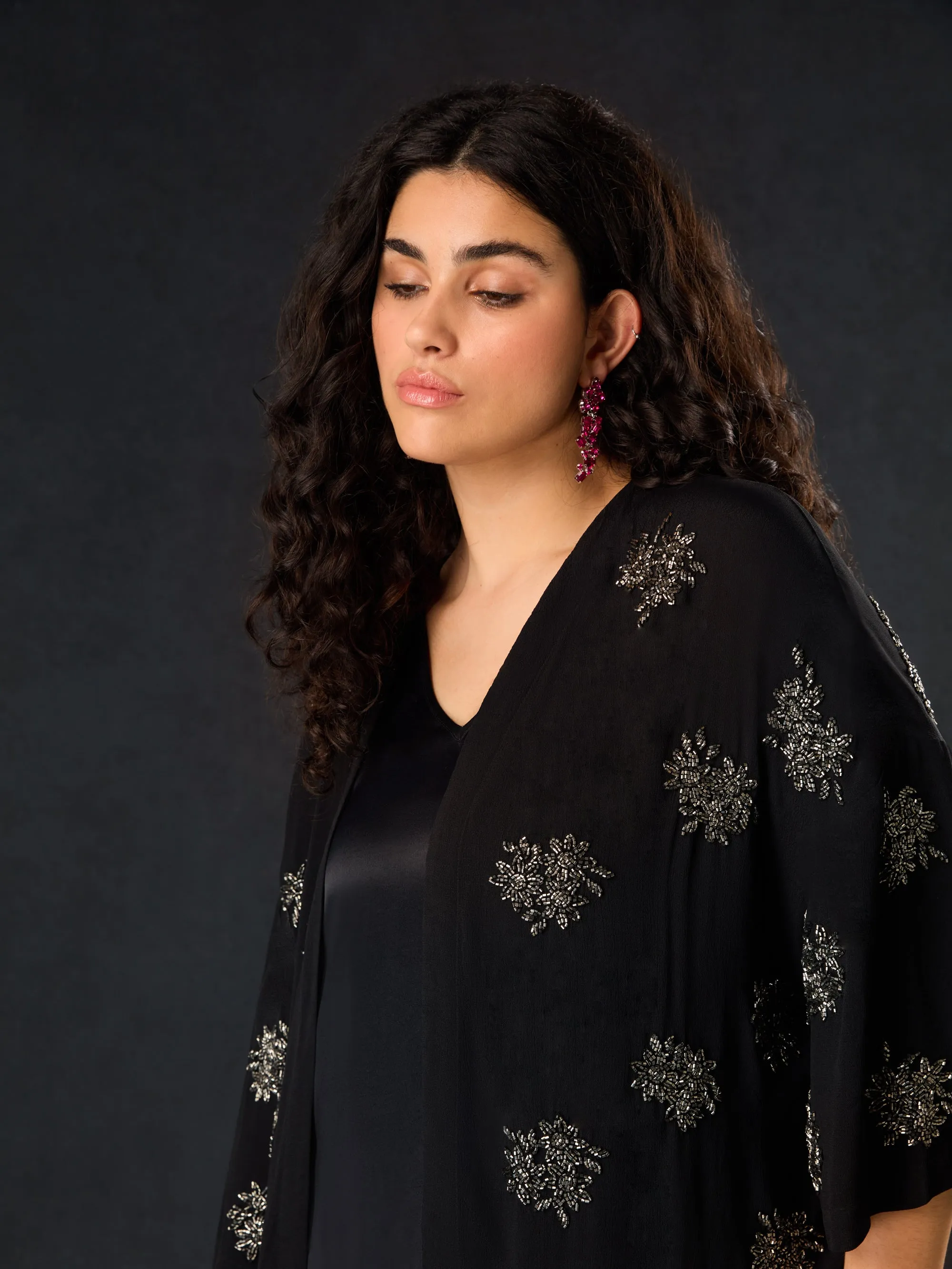 Black Embellished Beaded Edge To Edge Jacket