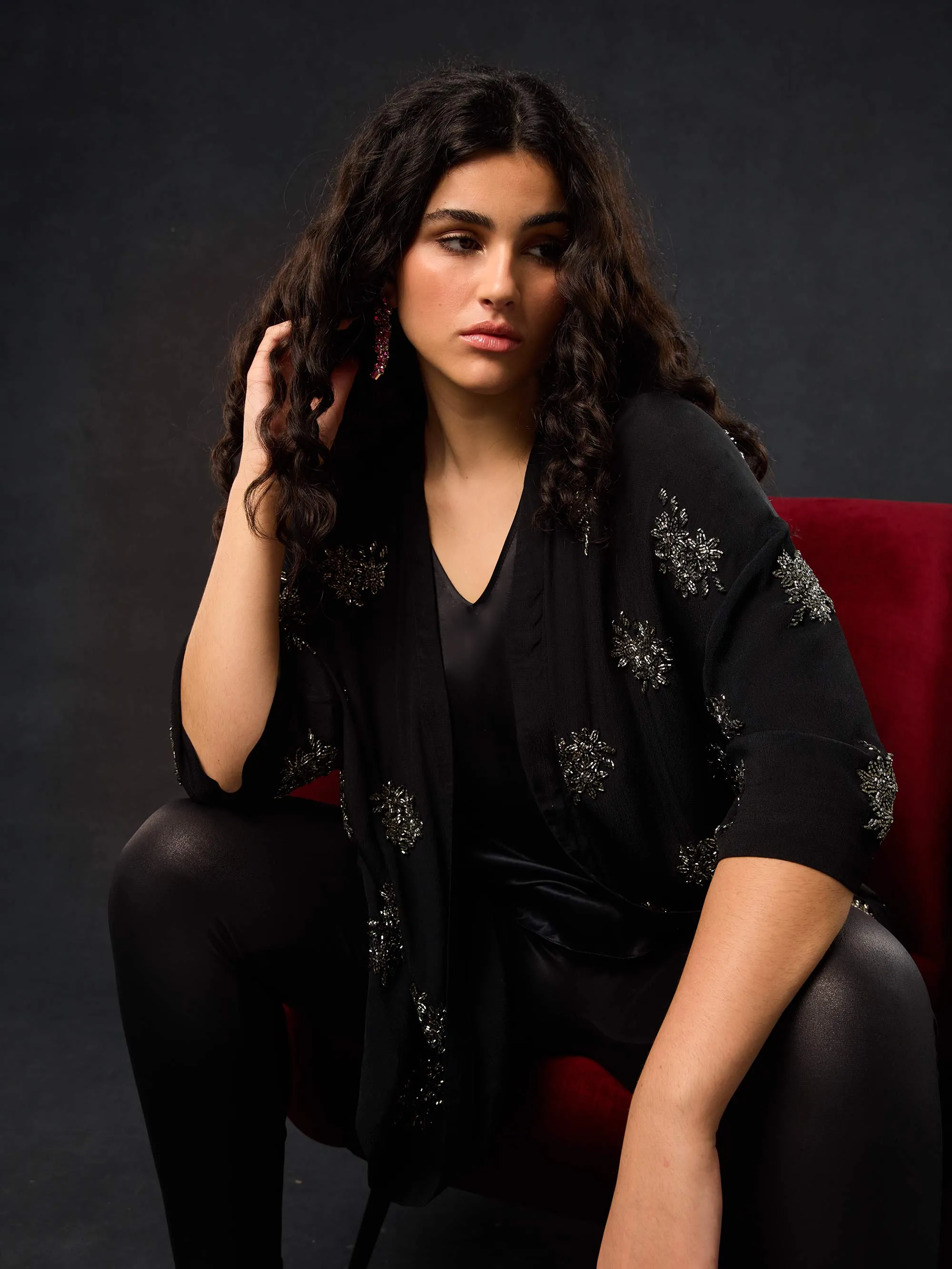 Black Embellished Beaded Edge To Edge Jacket