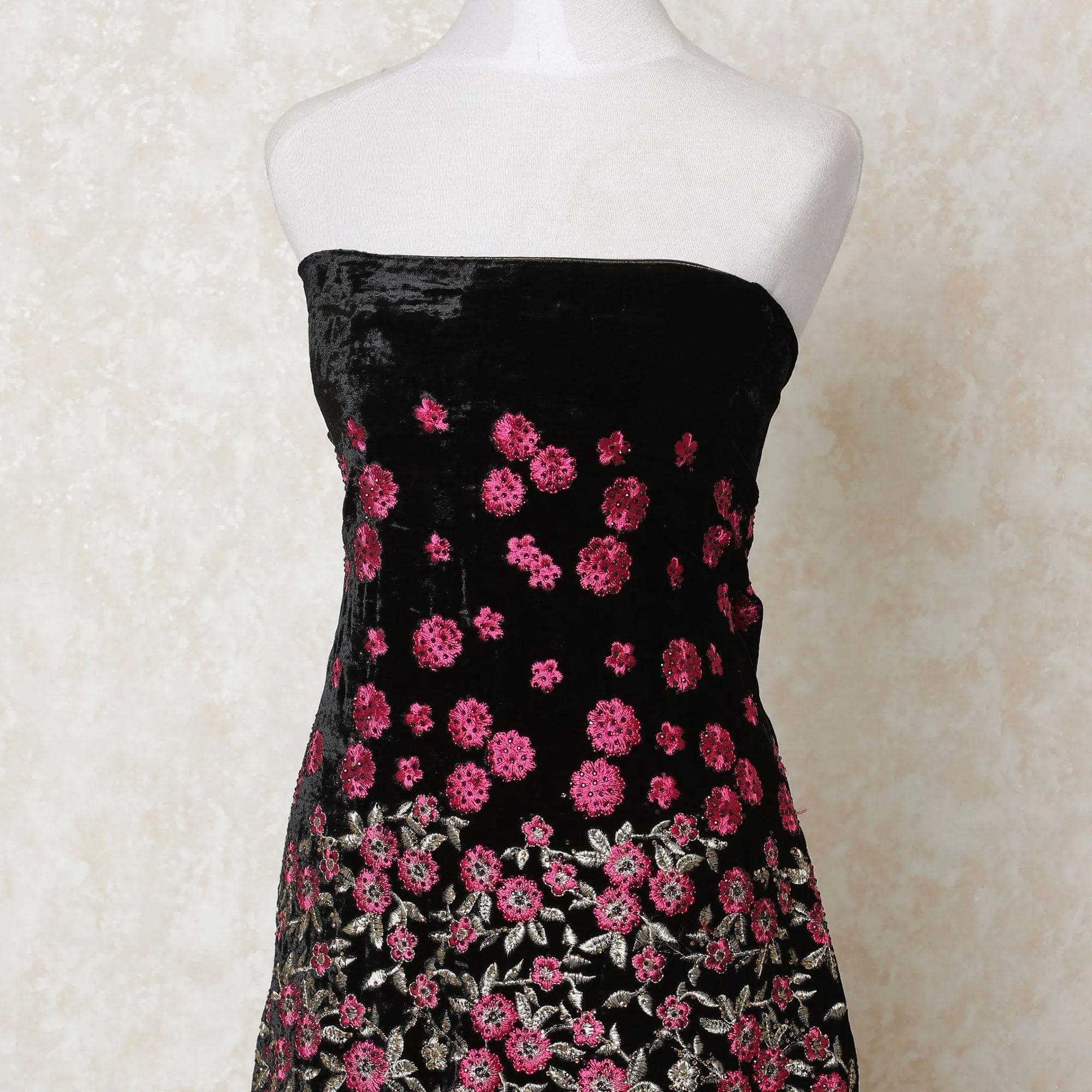 Black silk blended velvet fabric with brick pink, gold embroidery having stone work and border guipure work in floral design-D11854