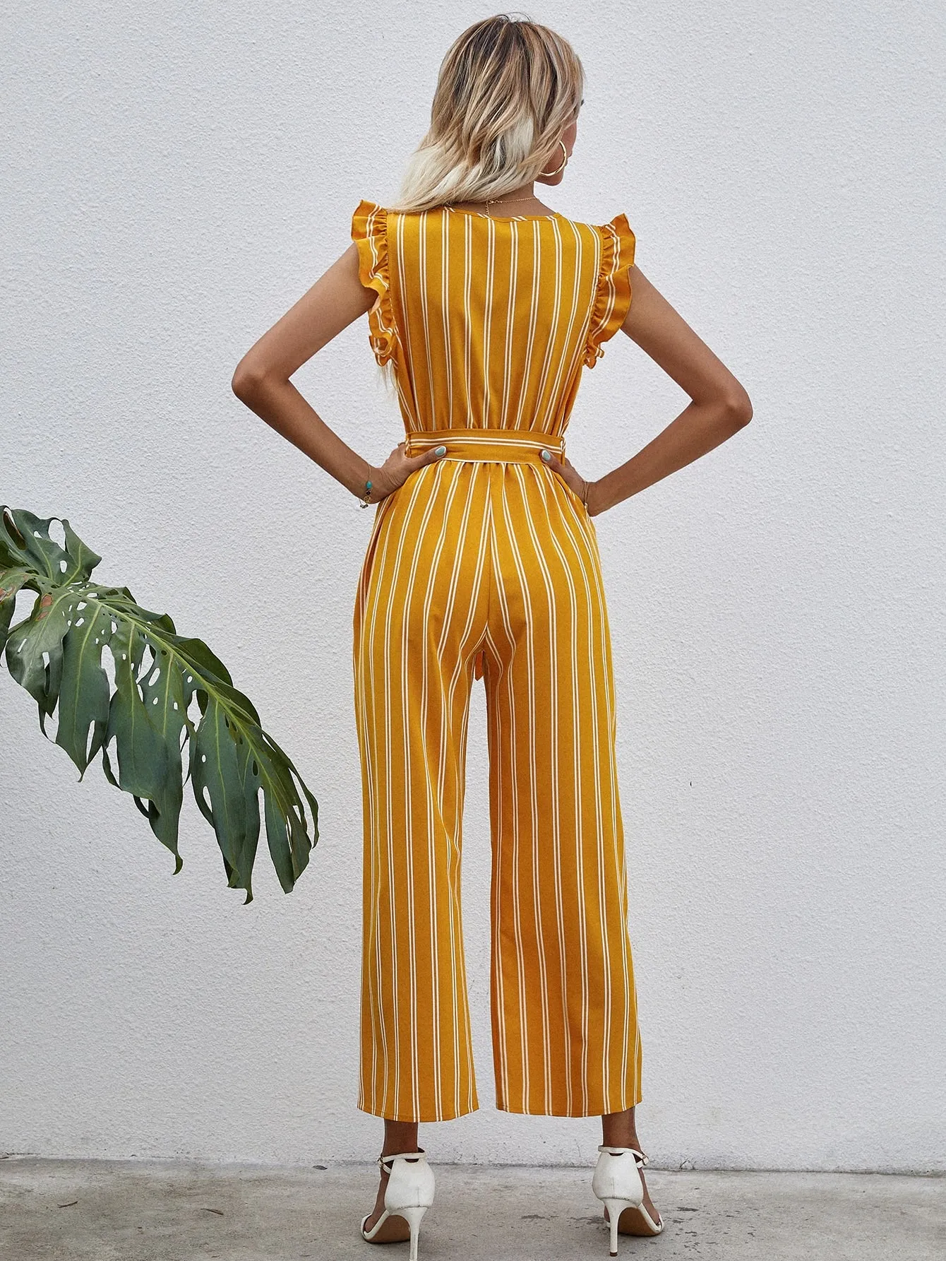 Boho Striped Wrap Cap Sleeve Deep V Neck High Waist Capris Women Jumpsuit