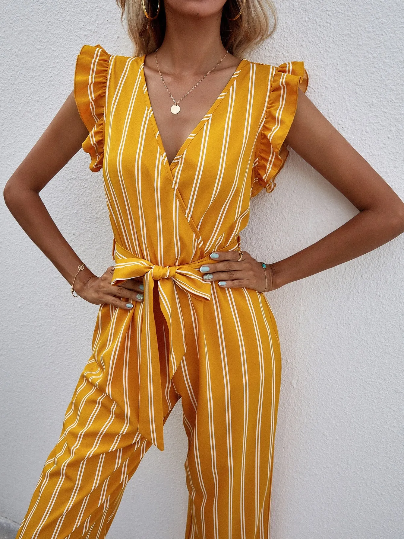 Boho Striped Wrap Cap Sleeve Deep V Neck High Waist Capris Women Jumpsuit