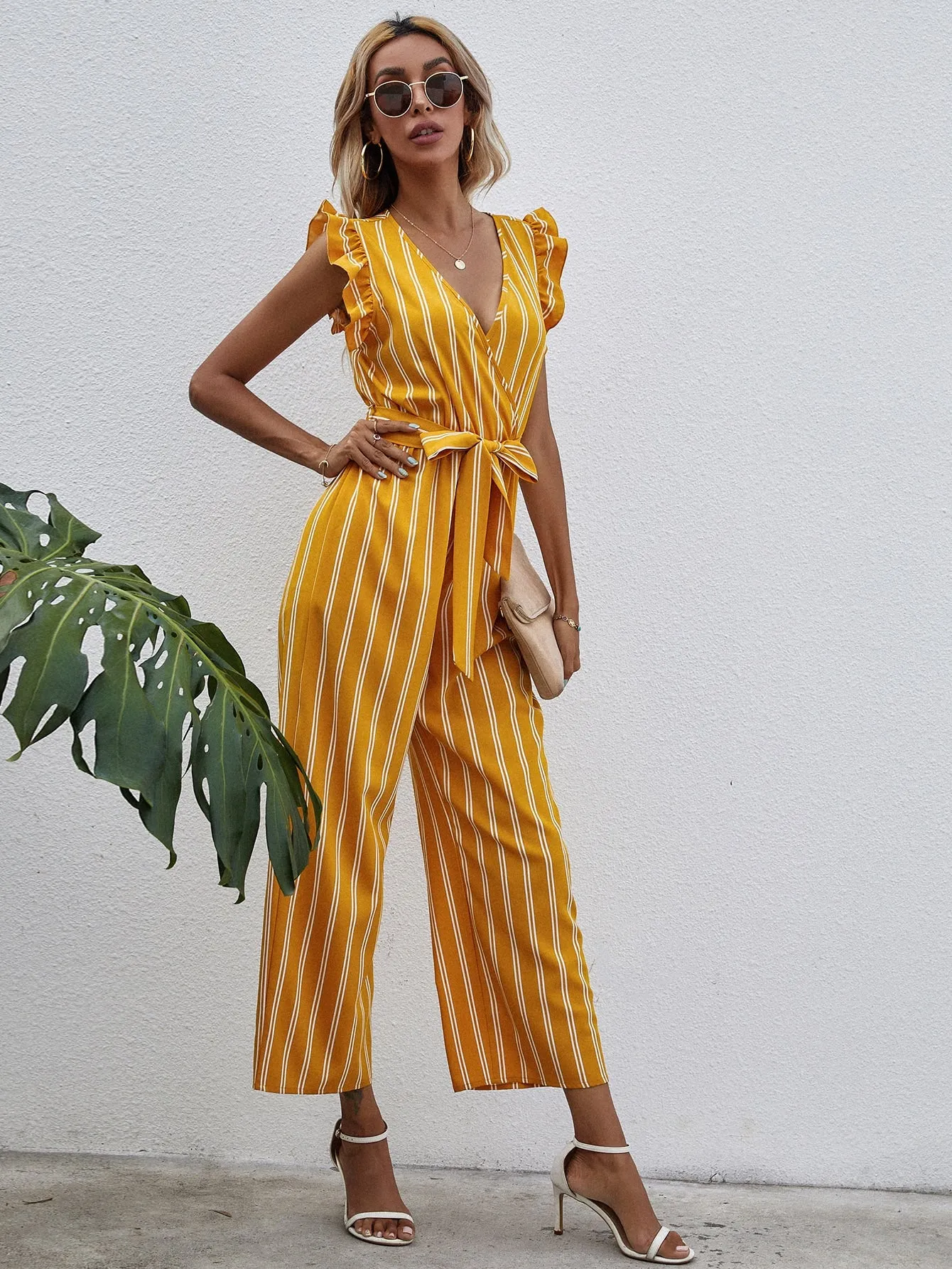 Boho Striped Wrap Cap Sleeve Deep V Neck High Waist Capris Women Jumpsuit