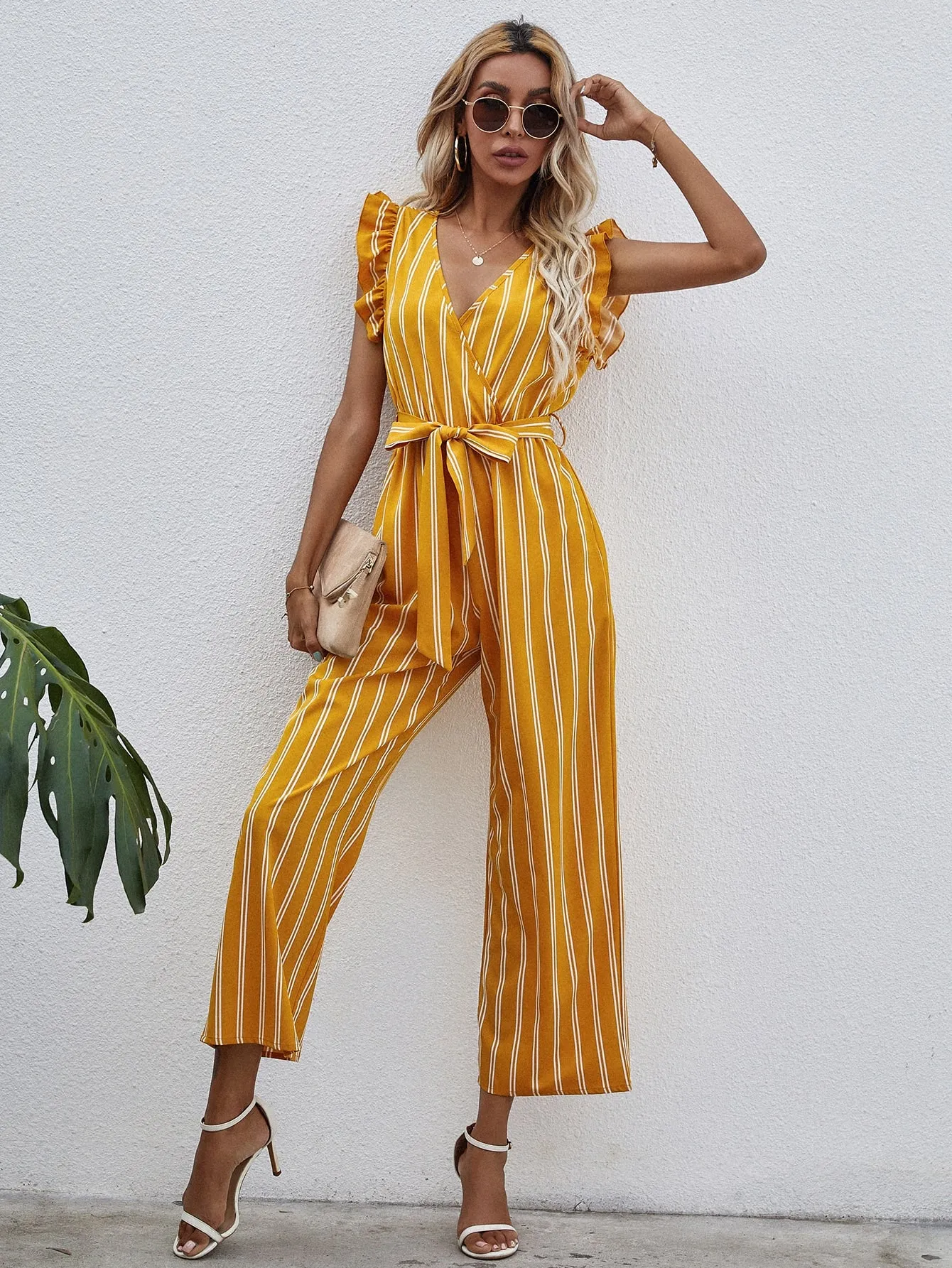 Boho Striped Wrap Cap Sleeve Deep V Neck High Waist Capris Women Jumpsuit