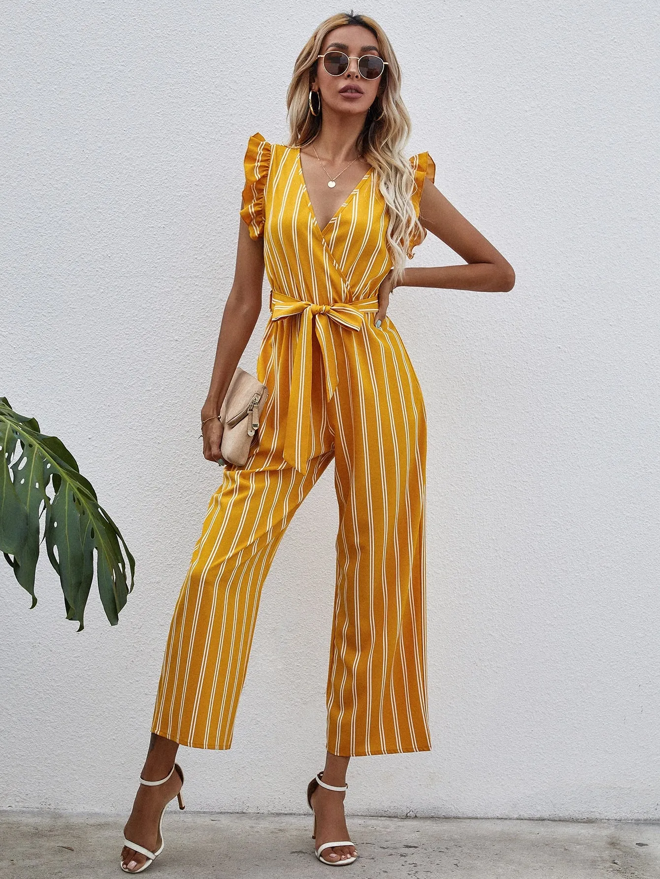 Boho Striped Wrap Cap Sleeve Deep V Neck High Waist Capris Women Jumpsuit