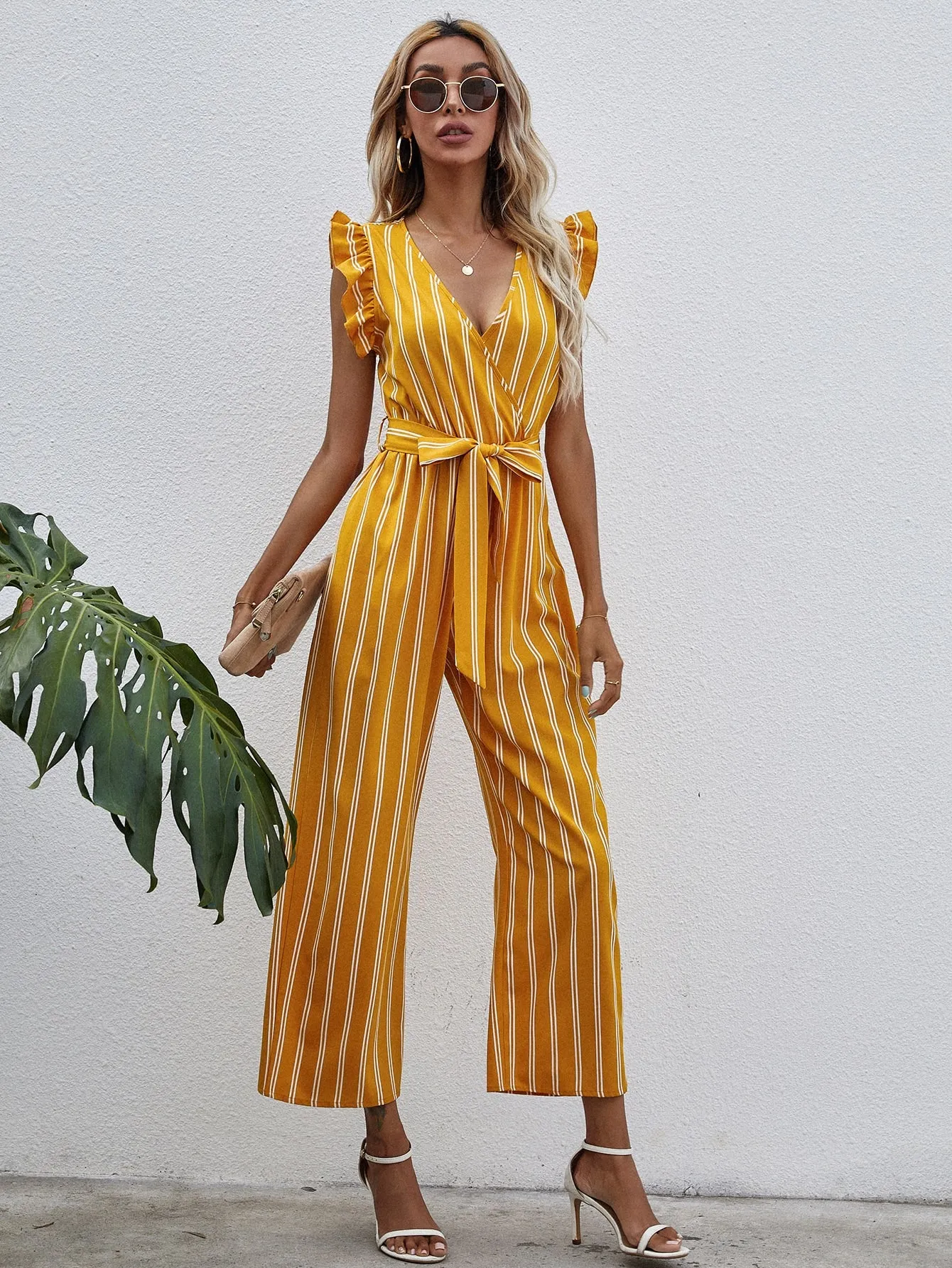 Boho Striped Wrap Cap Sleeve Deep V Neck High Waist Capris Women Jumpsuit