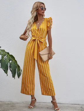 Boho Striped Wrap Cap Sleeve Deep V Neck High Waist Capris Women Jumpsuit
