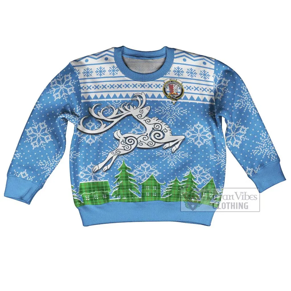 Boyle Clan Christmas Kid Ugly Sweater with Tartan and Celtic Reindeer Style