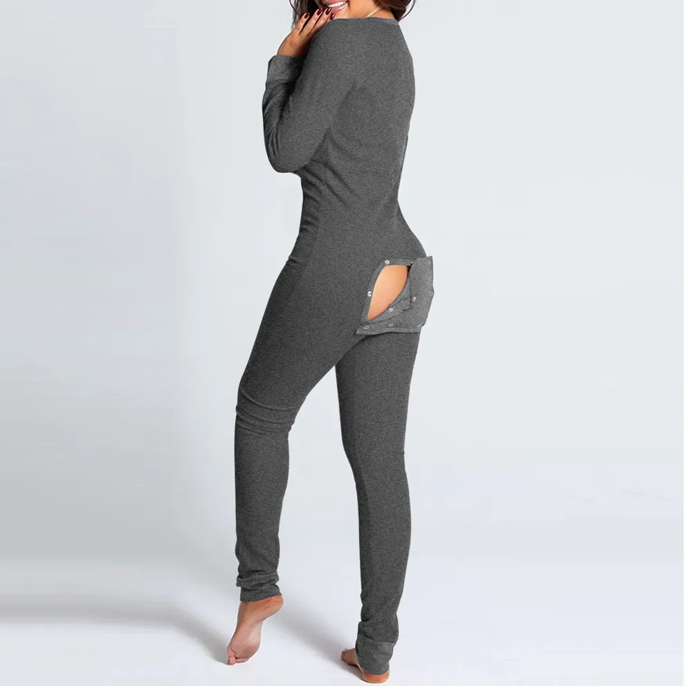 Butt Flap Lingerie Jumpsuit Women Onesie Pajamas Back Button-down Bodycon Nightwear Adults Onesies Combinaison Pyjama Femme