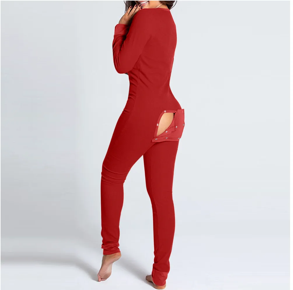 Butt Flap Lingerie Jumpsuit Women Onesie Pajamas Back Button-down Bodycon Nightwear Adults Onesies Combinaison Pyjama Femme