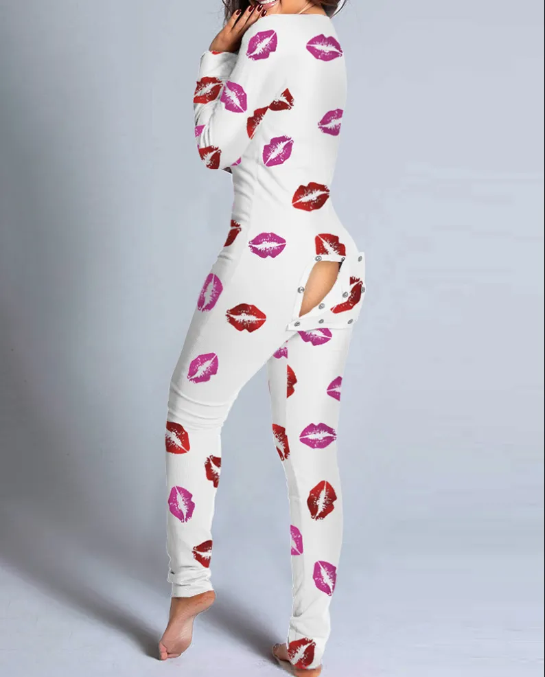Butt Flap Lingerie Jumpsuit Women Onesie Pajamas Back Button-down Bodycon Nightwear Adults Onesies Combinaison Pyjama Femme