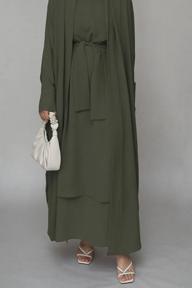 Cesta three piece abaya set with ling sleeve slip dress throw over and a belt in green