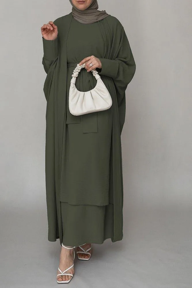 Cesta three piece abaya set with ling sleeve slip dress throw over and a belt in green