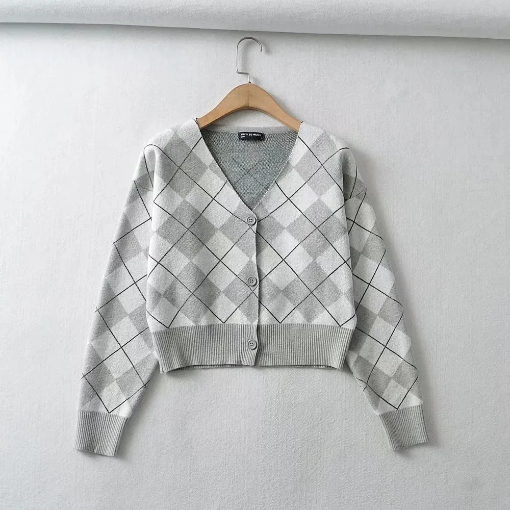 christmas outfit Sonicelife Plaid Preppy Argyle Cardigan