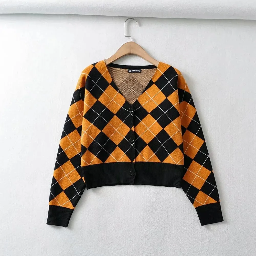 christmas outfit Sonicelife Plaid Preppy Argyle Cardigan